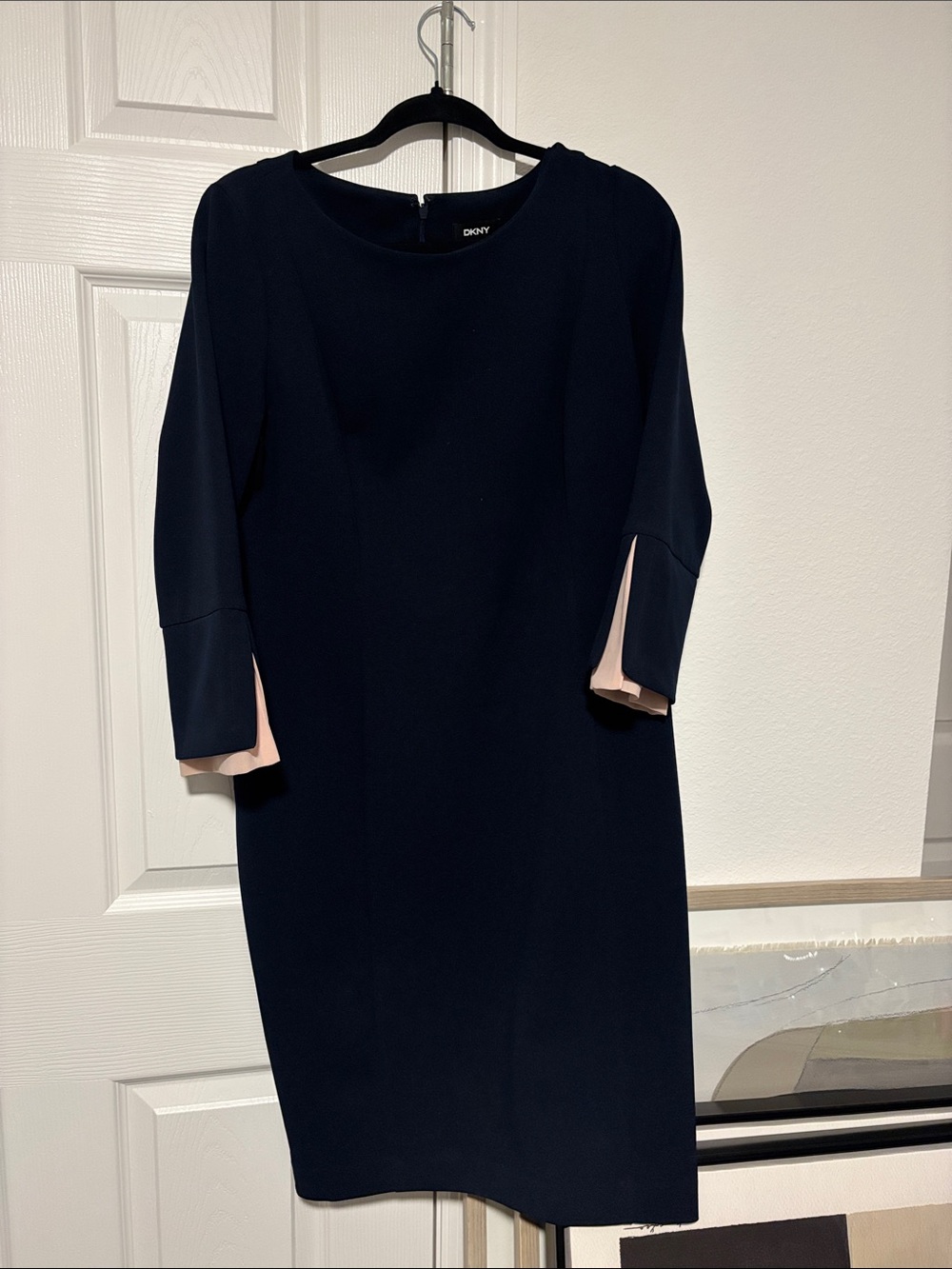 DKNY Navy Midi Dress with Blush Sleeve Detail